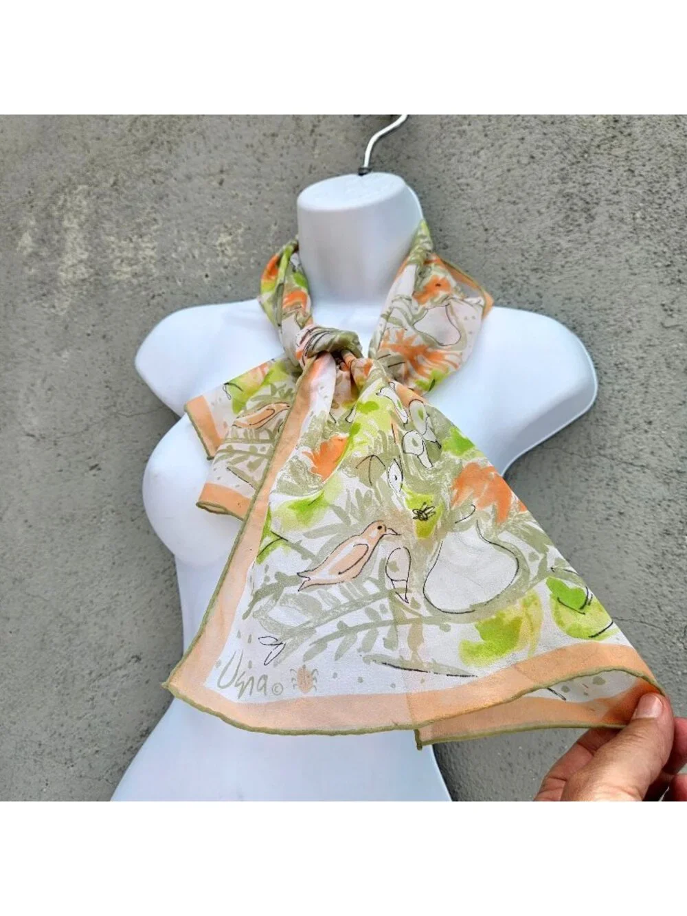 Vintage Vera Neumann Ladybug Nylon Scarf Birds Floral Peach Green Japan 1960s 70